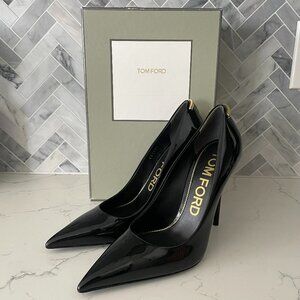 Tom Ford Black Patent Leather Iconic T Pumps Stiletto Heels